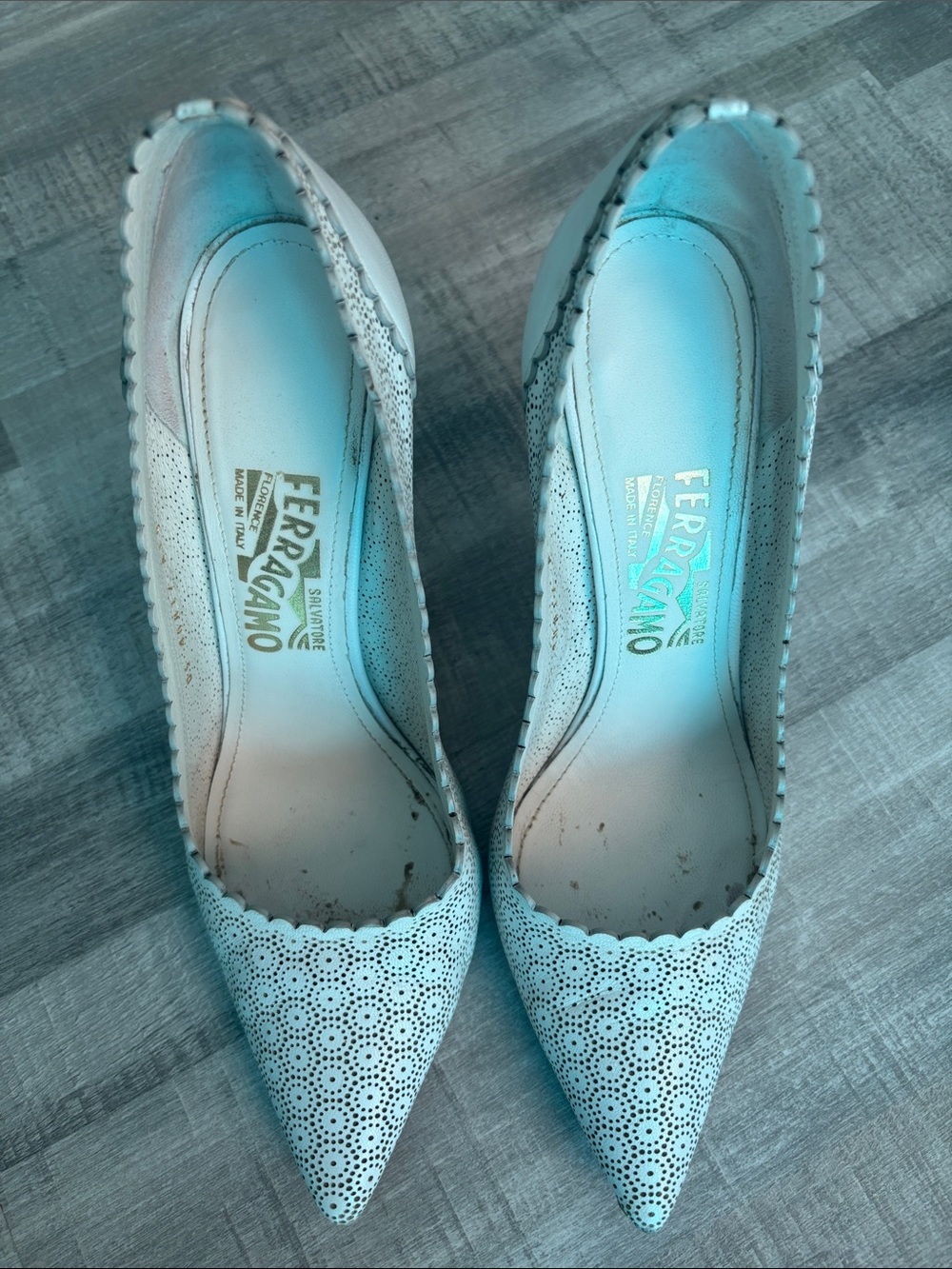 Salvatore Ferragamo White Perforated Pointed-Toe Pumps